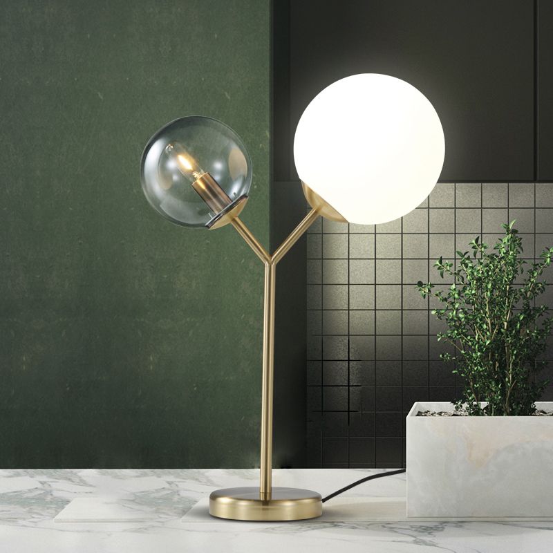 Globe Bedroom Table Lighting Grey and Cream Glass 2-Light Modern LED Branch Desk Lamp in Gold