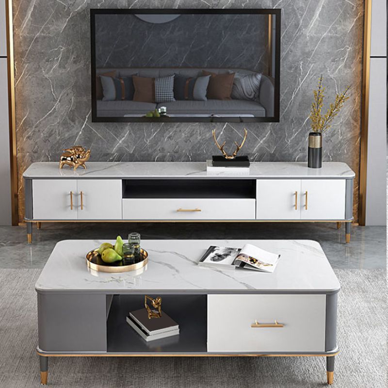 Glam Open Shelving Media Console Stone TV Stand with Drawers