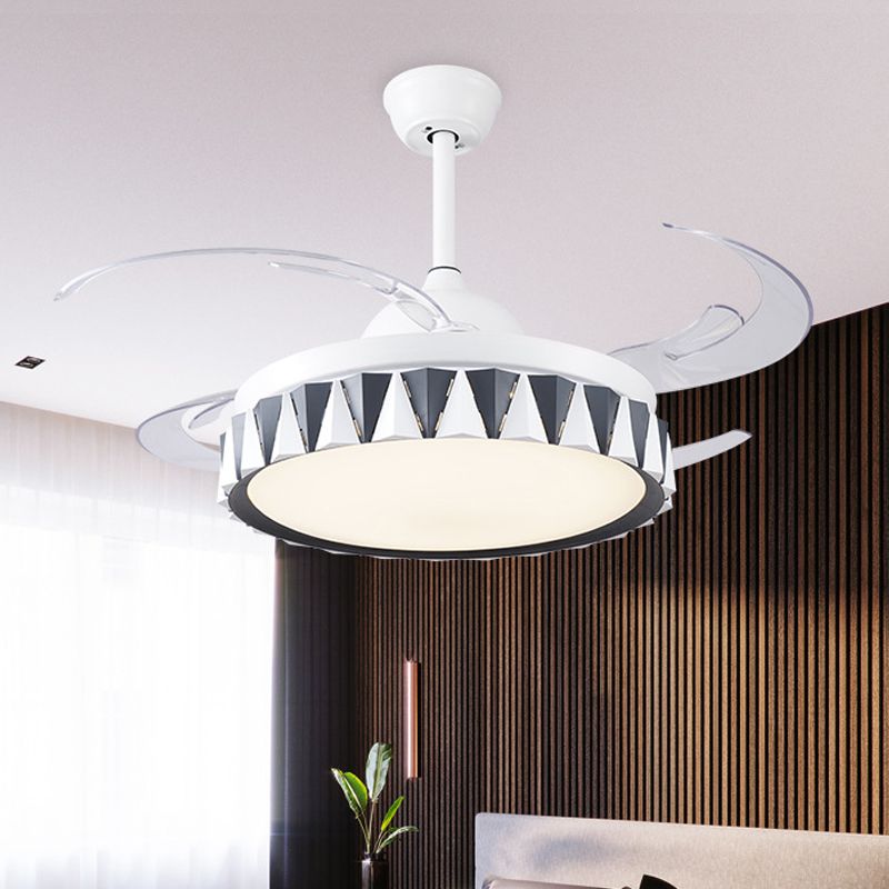 Kids Drum Pendant Fan Lighting Metallic Bedroom 4 Blades LED Semi Flushmount in White with Acrylic Shade, 47" W