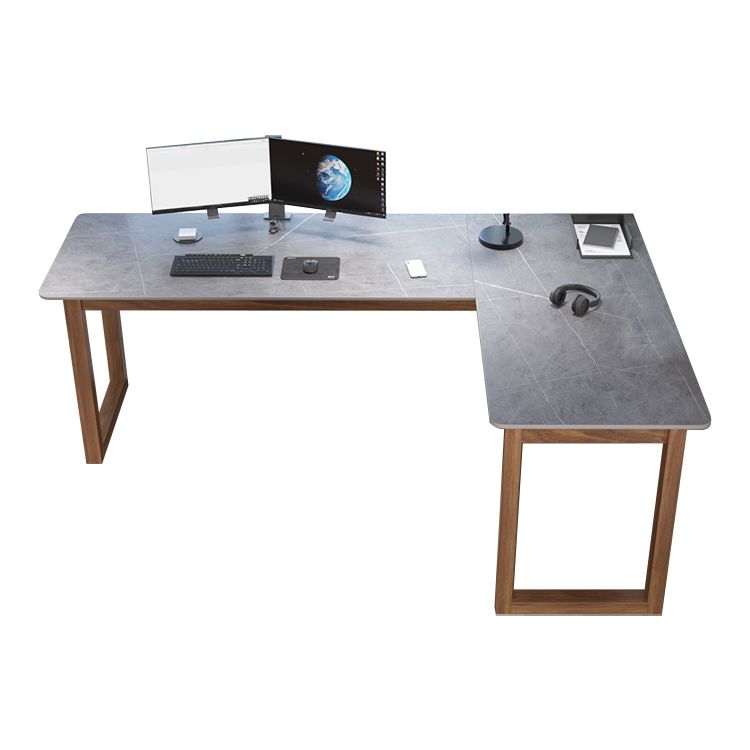 L-Shape Modern Style Office Desk Marble and Wood Writing Desk in Black