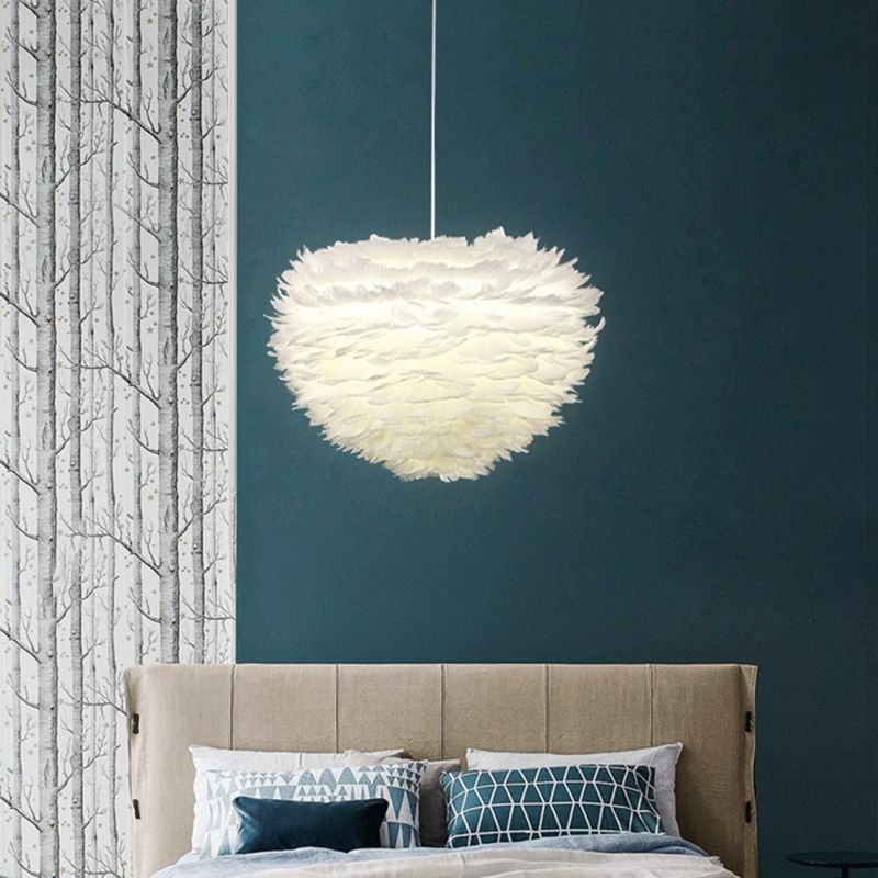 White Feather Pendant Light in Modern Luxury Style Wrought Iron Sphere Chandelier for Bedroom