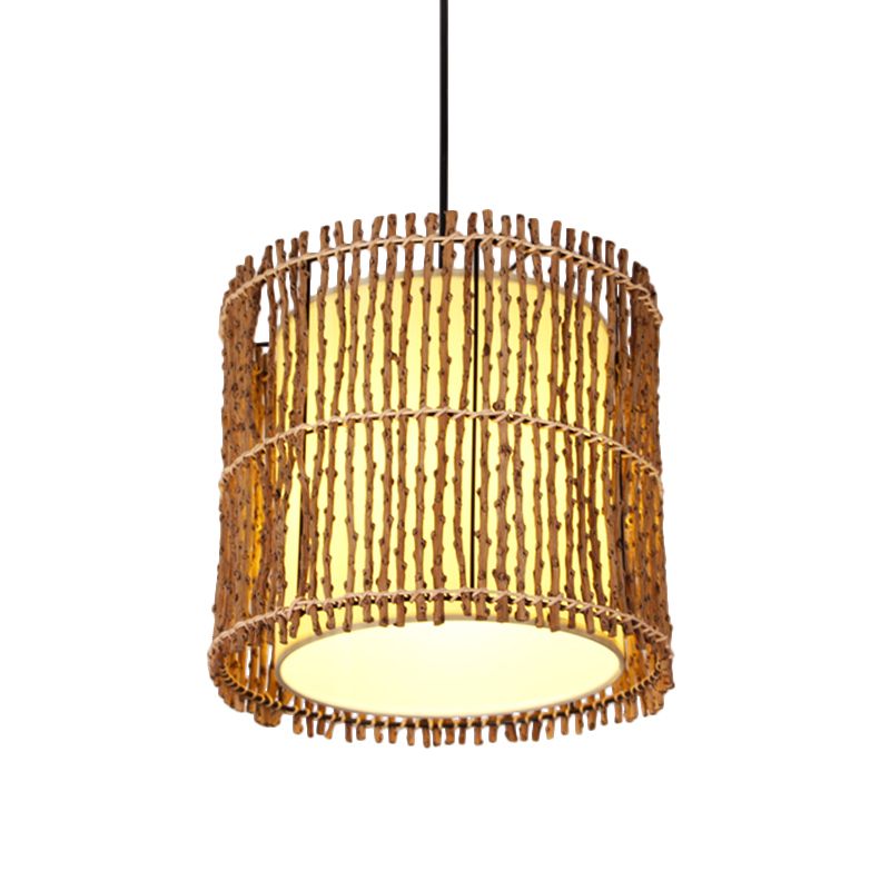 Cylinder Ceiling Light Asian Rattan 1 Head Khaki Pendant Lighting Fixture with Inner White Parchment Shade