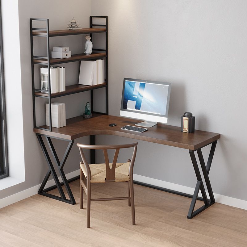 Metal and Wood Corner Writing Desk Industrial Brown Office Office Desk With Bookshelf