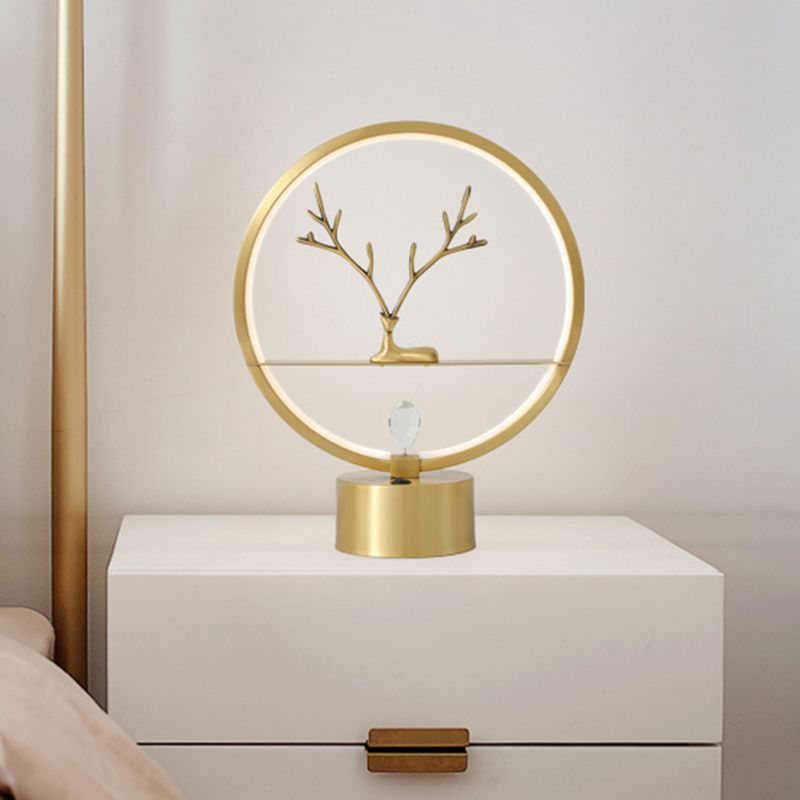 Circular Desk Light Nordic Style Metal LED Gold Night Table Lighting with Deer Design