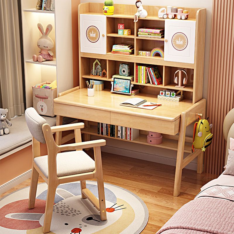 Solid Wood Children's Desk Ergonomic Home Desk with Chair with Bookshelf