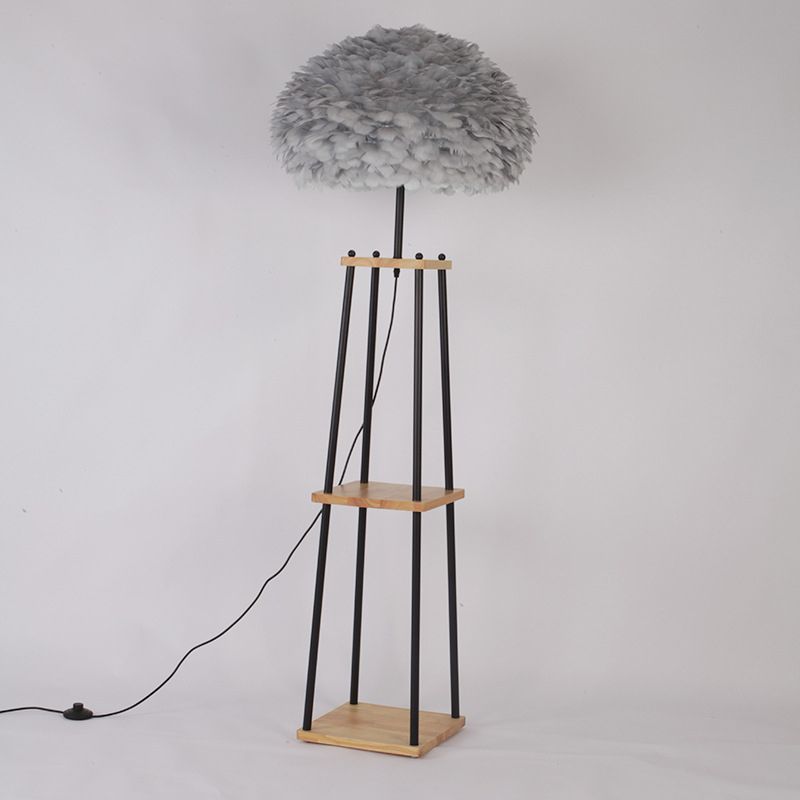 Nordic 2-Tier Shelf Floor Light Wooden Single Living Room Floor Standing Lamp with Dome/Drum Feather Shade in Grey/White