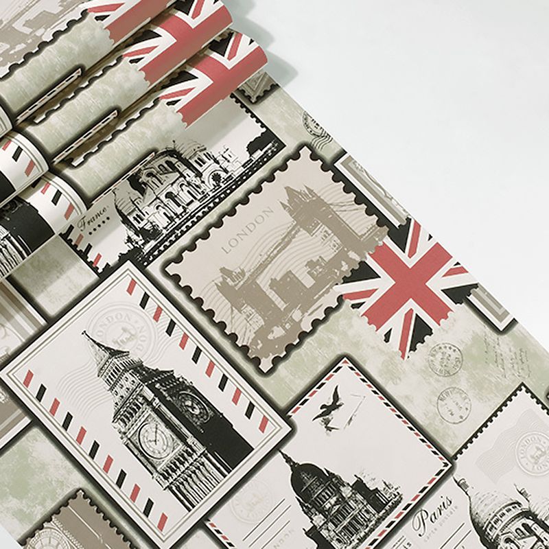 Multi-Colored 20.5-inch x 33-foot Vinyl Decorative Post Stamps and European Traditional Buildings and UK National Flags Flat Wallpaper