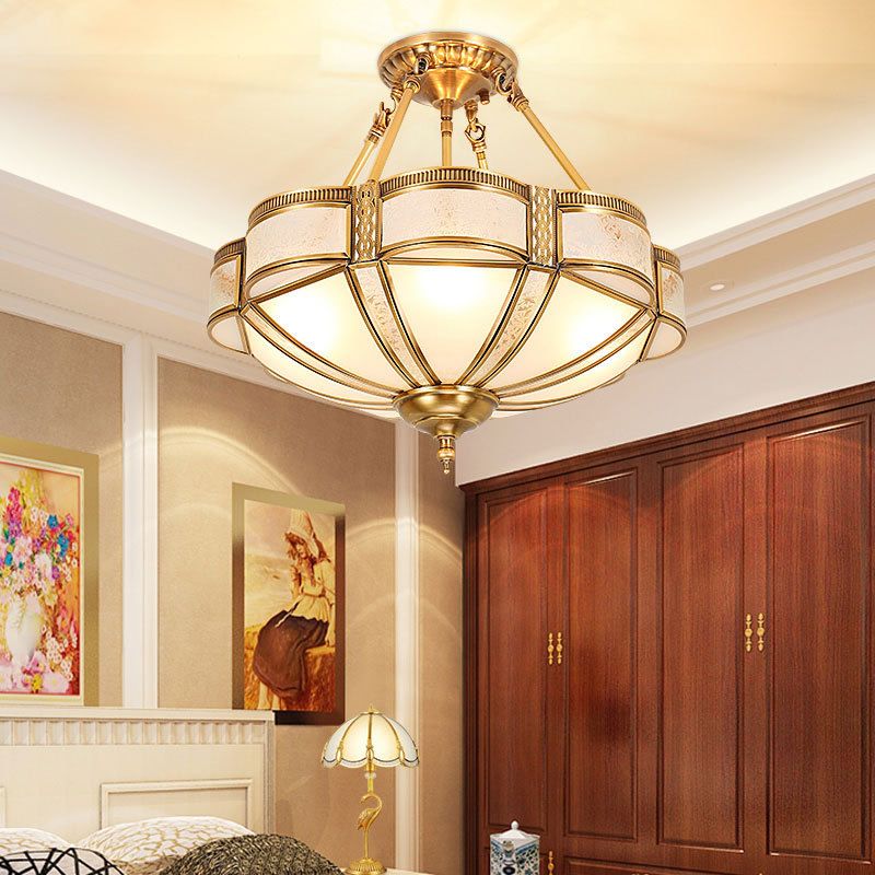 Scalloped Led Bedroom Flush Monte Lighting Classic Frost Glass Gold Semi Flush Chandelier