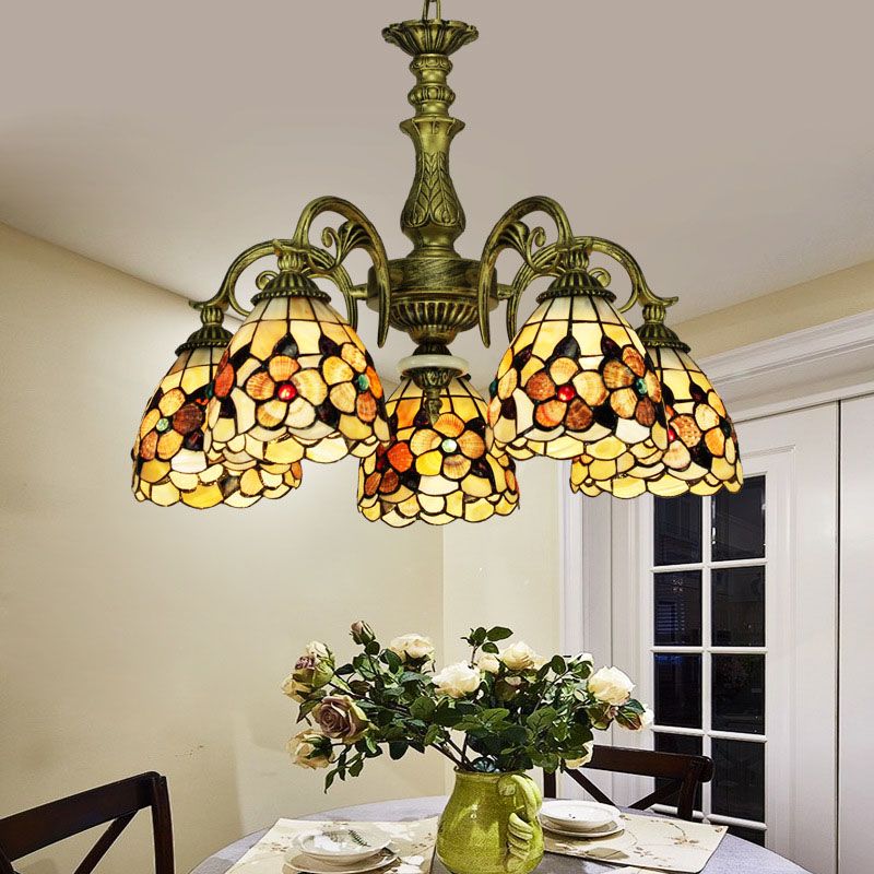 9/11 Lights Bedroom Ceiling Chandelier Tiffany Beige Flower Patterned Suspension Lamp with Bowl Shell Shade