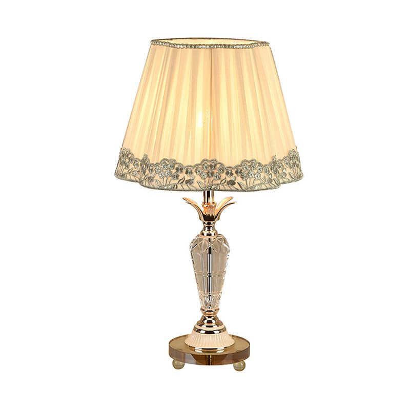 Urn Clear Crystal Nightstand Light Classic 1-Bulb Bedside Desk Lighting in Beige with Pleated Fabric Shade