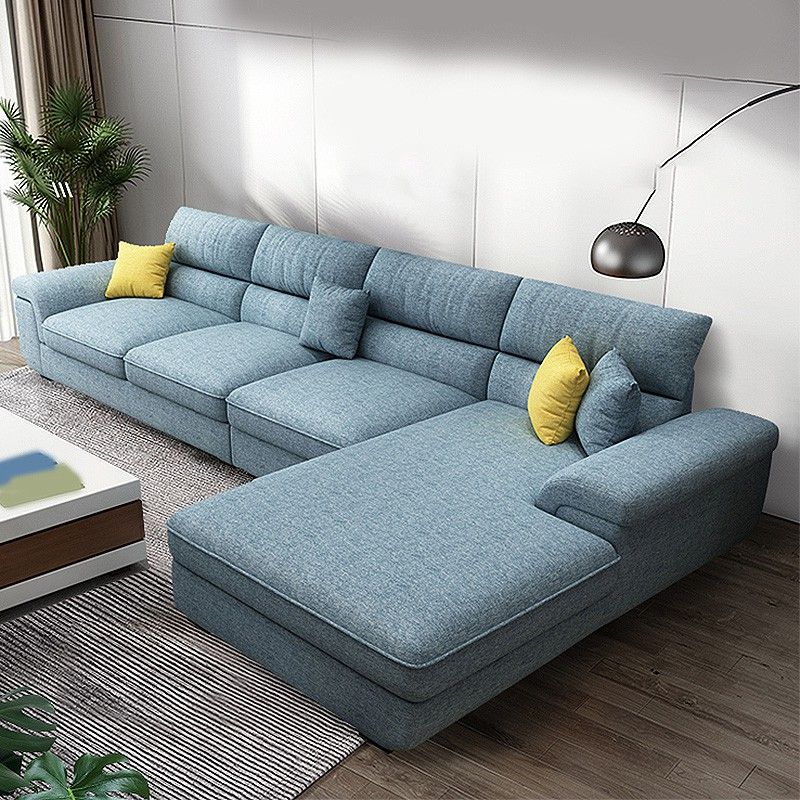 Scandinavian Blue L-Shape Pillow Top Arm Sectional Cushion Back Sofa and Chaise