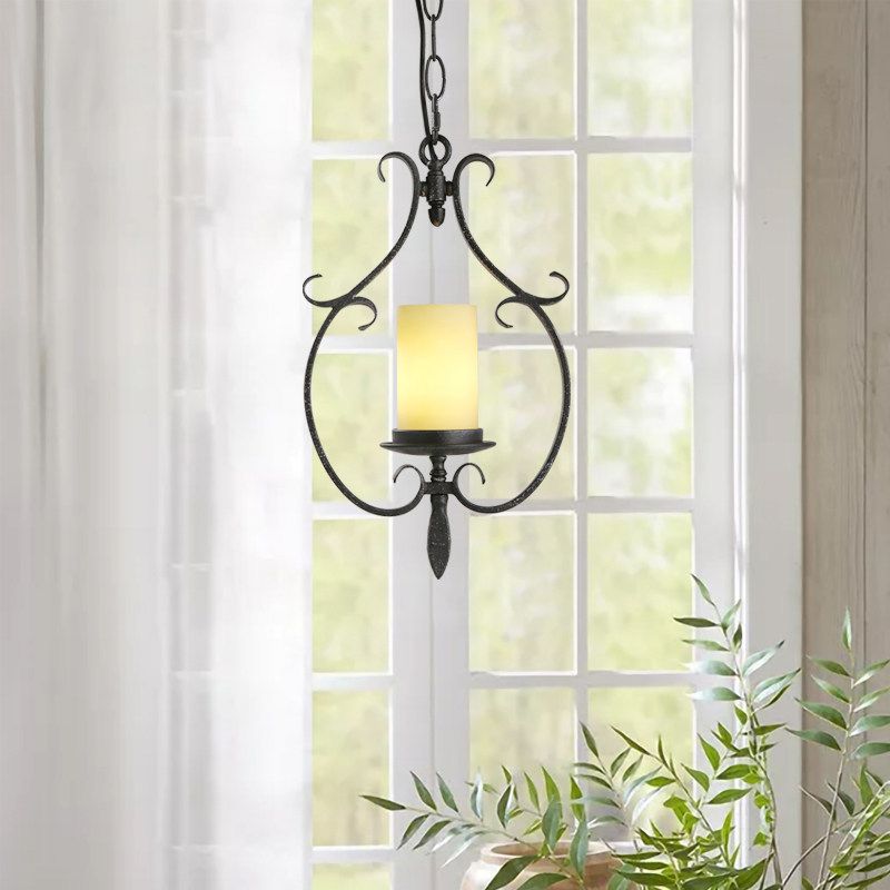 Antique Black Cylinder Pendant Ceiling Light Rustic Beige Glass 1 Light Living Room Hanging Lamp with Metal Cage