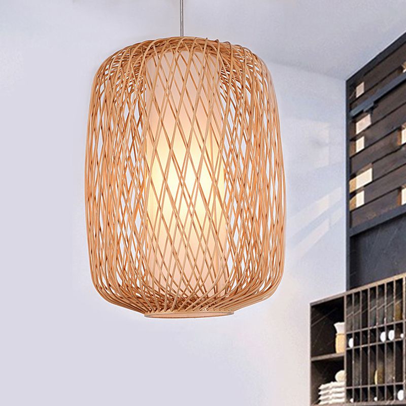 Asiatische stilvolle handgestrickte hängende Beleuchtung mit Zylinderschatten Bambus 1 Leichte Wohnzimmer Anhängerlampe in Beige