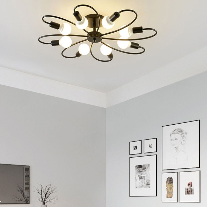 Bare Bulb Radial Ceiling Light in Industrial Retro Style Wrought Iron Semi Flush Mount