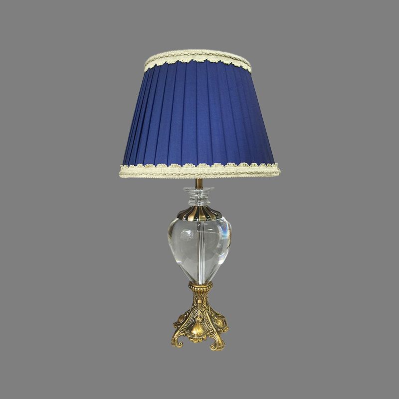 Cone Study Lamp Modern Fabric 1 Bulb Blue Table Light, Sculpted Brass Metallic Base