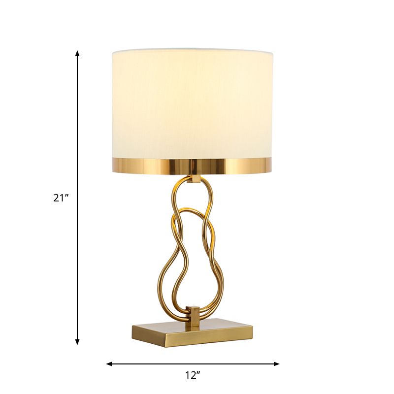 Brass 1-Light Task Lamp Vintage Fabric Drum Shade Nightstand Lighting with Gourd Base