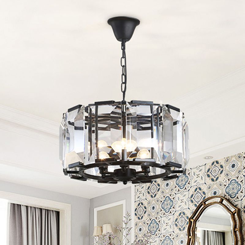 18"/25.5" Diameter Metal Drum Shade Ceiling Chandelier with Crystal Block Vintage 5/8 Heads Hanging Lamp in Black