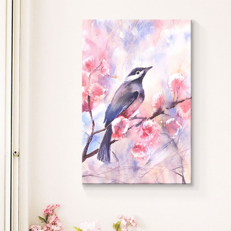 Rustic Bird Painting Canvas Print Pastel Color Textured Wall Art Decor for Living Room