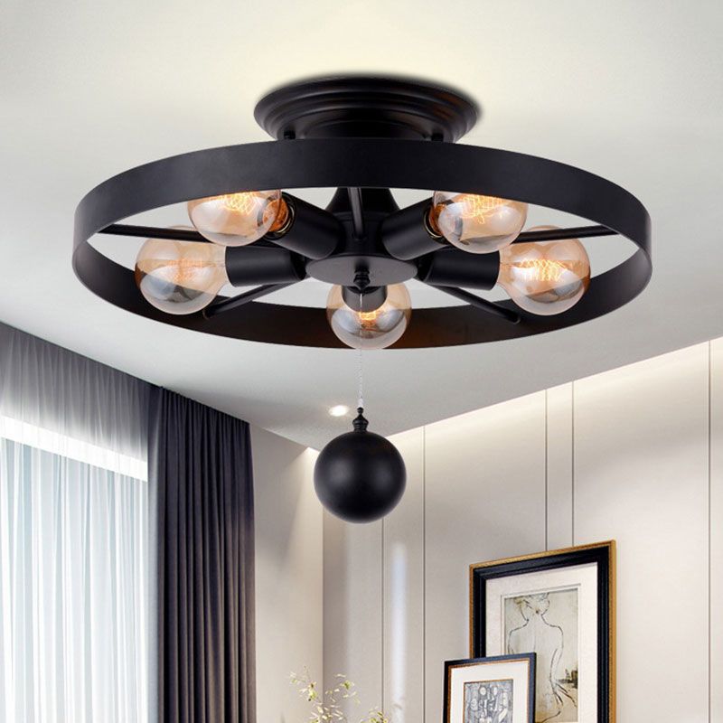 Industrial Style Wheel Semi Flush Light with Ball Decoration 5 Lights Metal Ceiling Light Fixture in Black