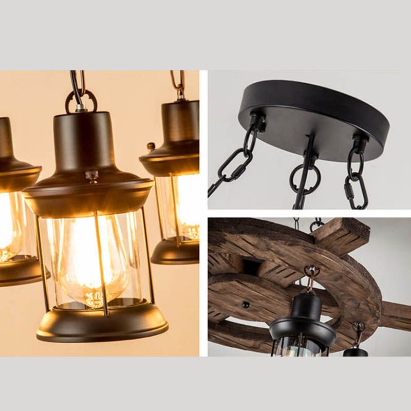 Wood Black Pendant Chandelier Wagon Wheel Industrial-Style Hanging Pendant Light