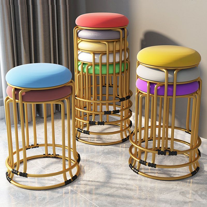 Round Leather Pouf Multi Color Metal Frame Stain Resistant Upholstered Pouf