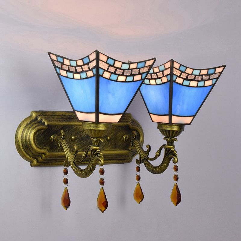 Blue Craftsman Sconce Light with Agate 2 Bulbs Mediterranean Stained Glass Wall Light for Foyer