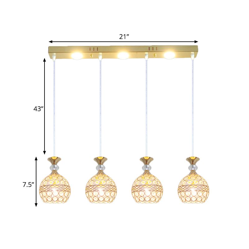 4 têtes salle à manger multiple plafonnier moderniste fin finition pendule lampe avec une teinte incorporée en cristal globe