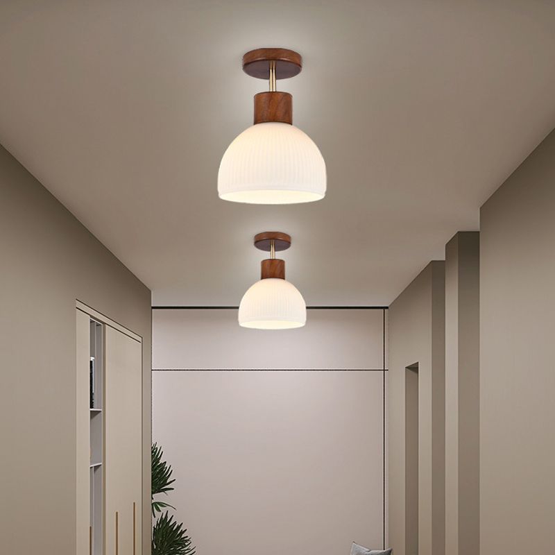 Glass Shaded Ceiling Light Modernism Wood Flush Mount Lighting for Home