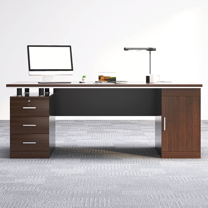 Modern Style Office Desk Home Brown Writing Desk with 3 Drawers and 1 Door