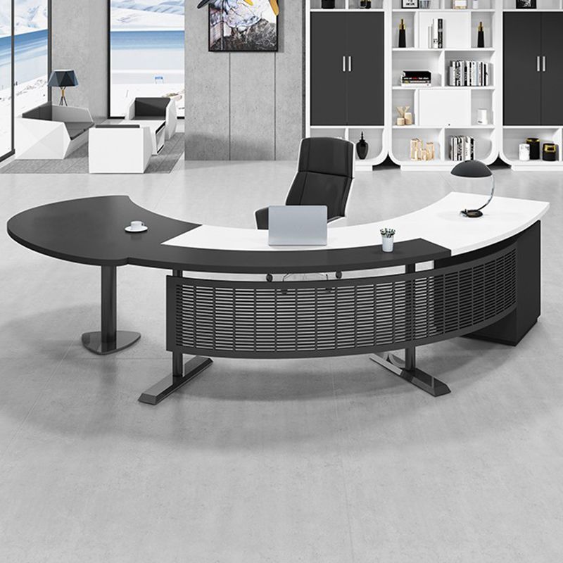 Half Circle Shaped Slate Office Desk White and Black Writing Desk for Office