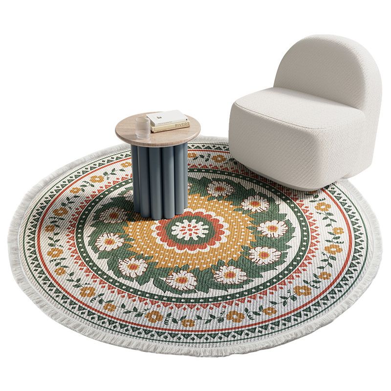 Distinctive Moroccan Round Rug Victoria Floral Printed Area Rug with Fringe Cotton Blend Washable Carpet for Home Decor