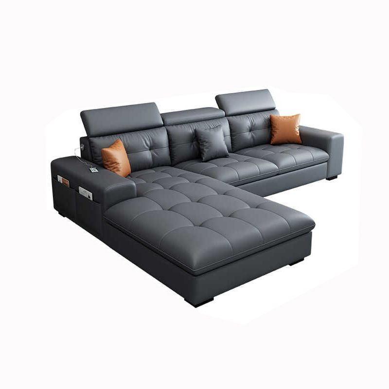 Modern Tufted Sofa & Chaise Recessed Arm Grey Faux Leather Sofa with Storage