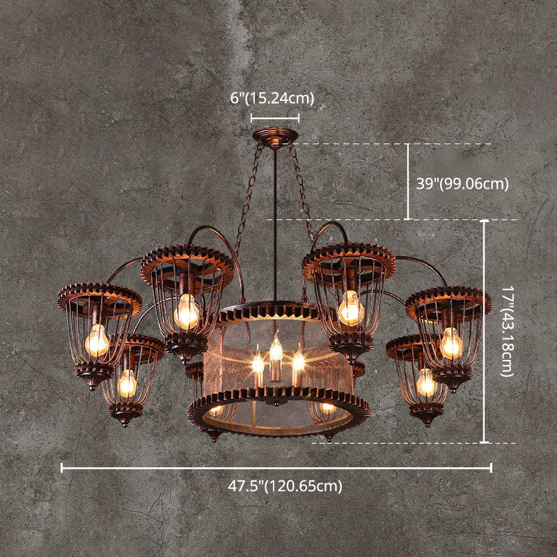 Wrought Iron Large Cage Chandelier Industrial Style Hanging Pendant Light Fixtures in Rust Finish