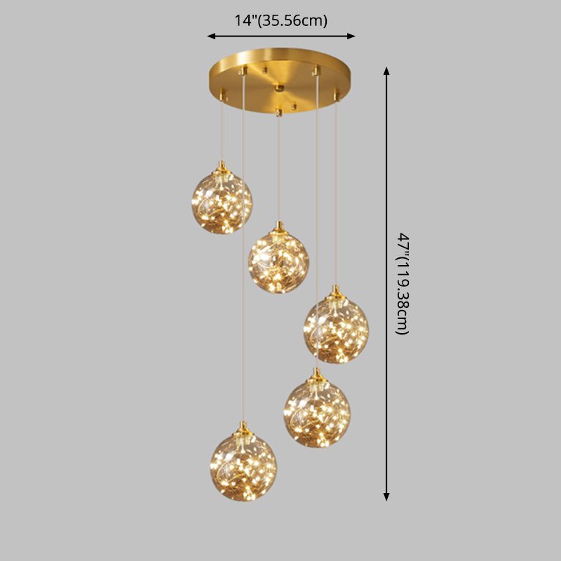 Finition en laiton globe suspension lampe nordique en verre ambre LED Éclairage pendentif étoilé pour la chambre