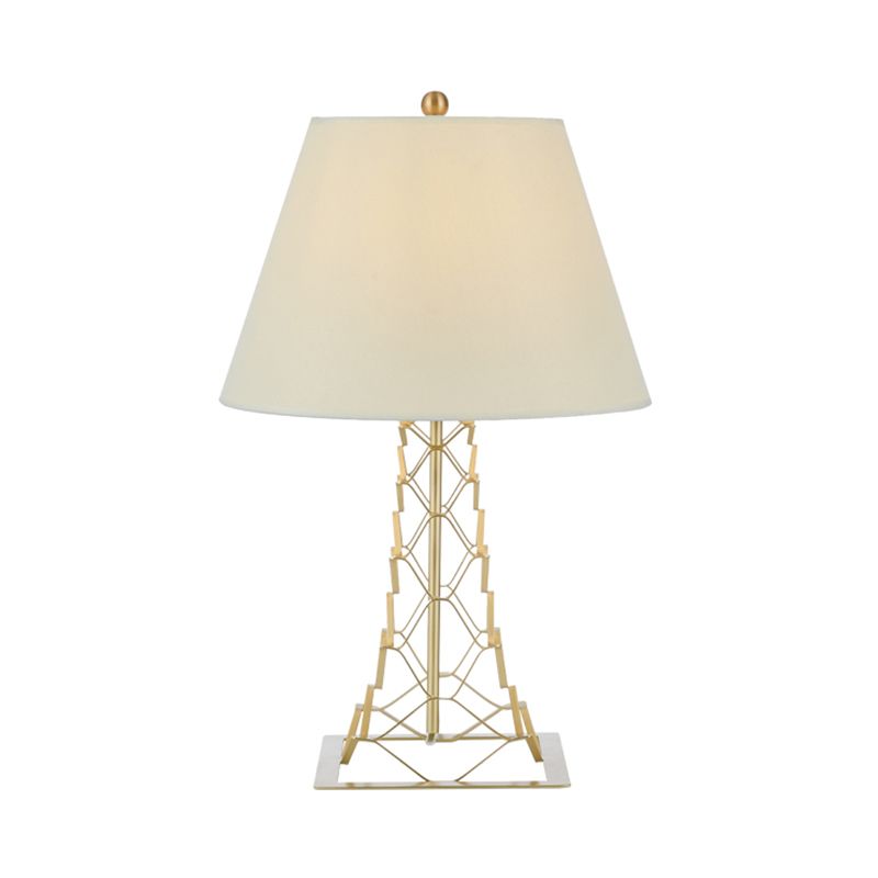 Tower-Like Frame Table Lighting Modern Metal 1-Bulb Gold Finish Night Lamp with Conic White Fabric Shade