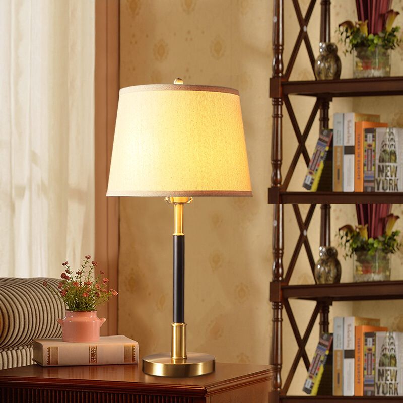 Vintage Tapered Table Light Single-Bulb Fabric Nightstand Lamp in Brass for Bedside