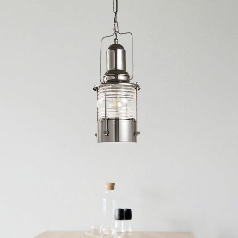 Chrome 1-Bulb Pendant Lamp Industrial Clear Ribbed Glass Cylinder Hanging Ceiling Light