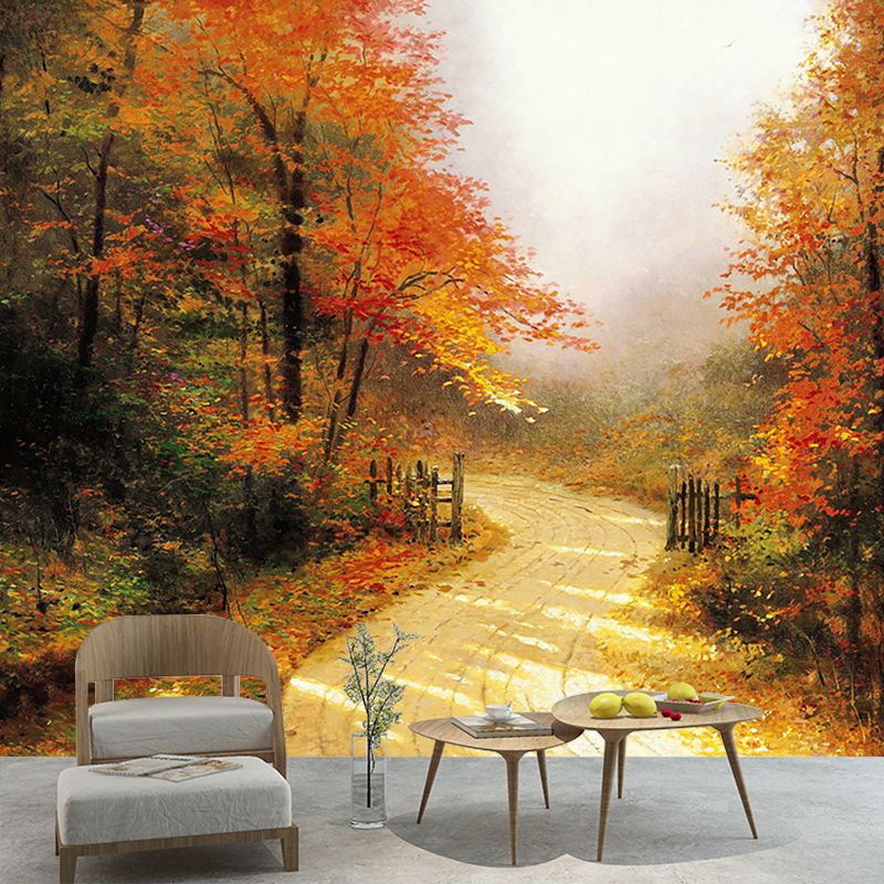 Large Autumn Lane Mural Wallpaper Stain-Resistant Classical Corridor Wall Art. Orange-Yellow