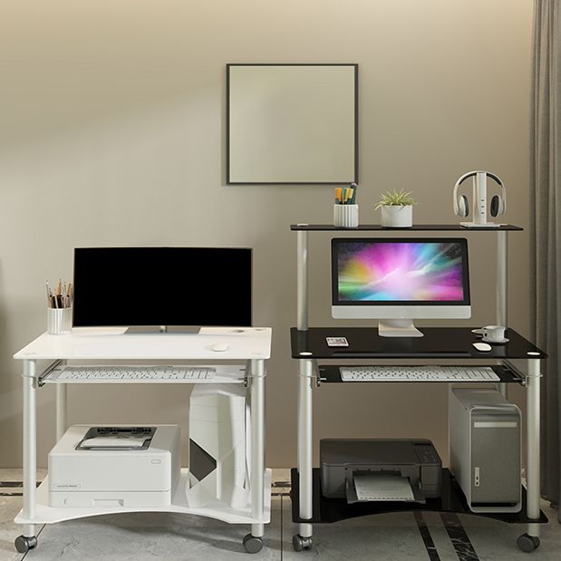 Toughened Glass Rectangular Computer Desk with Caster Wheels and Keyboard Tray