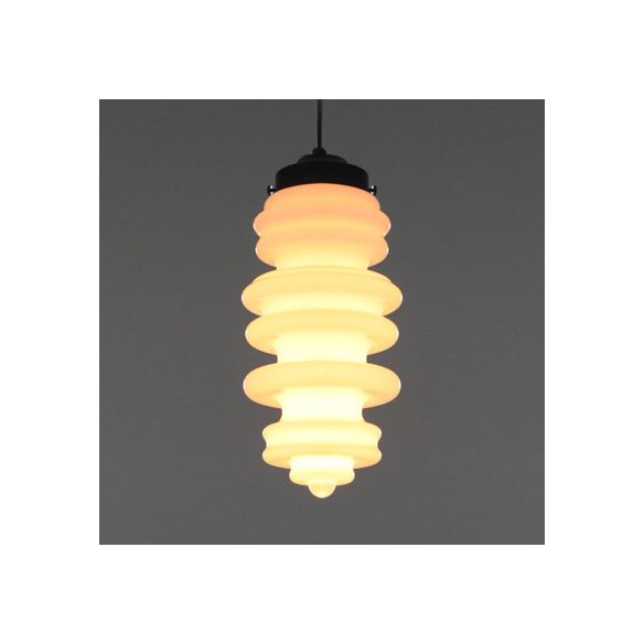 Contemporary 1 Light Pendant Light with White/Amber/Smoke Glass Shade Black Ribbed Hanging Ceiling Lamp