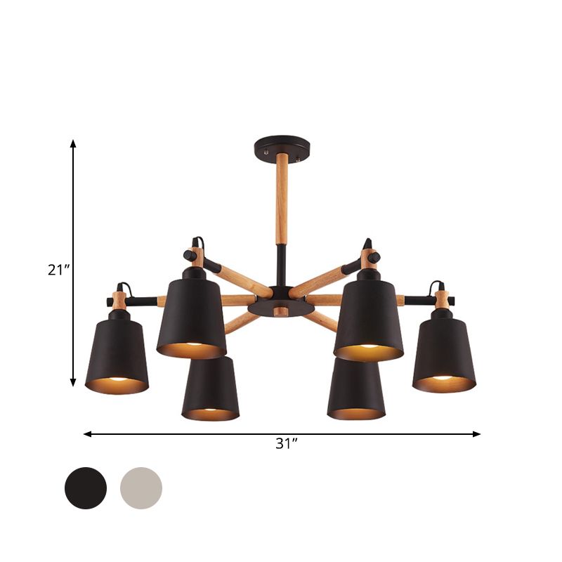 Cone Living Room Chandelier Light Nordic Metal 6 Bulbs Black/White Suspension Lamp with Wooden Arm