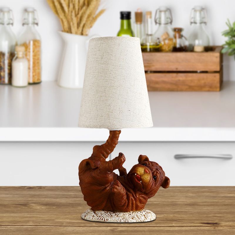 Resin Shar-Pei Dog Table Light Rural 1 Light Bedroom Nightstand Light in Brown with Cone Fabric Shade