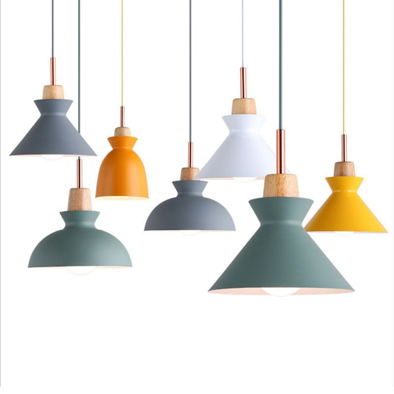 Modern Minimalist Wooden Top Pendant Light Metal Colorful Macarons 1-Light Pendant Lighting