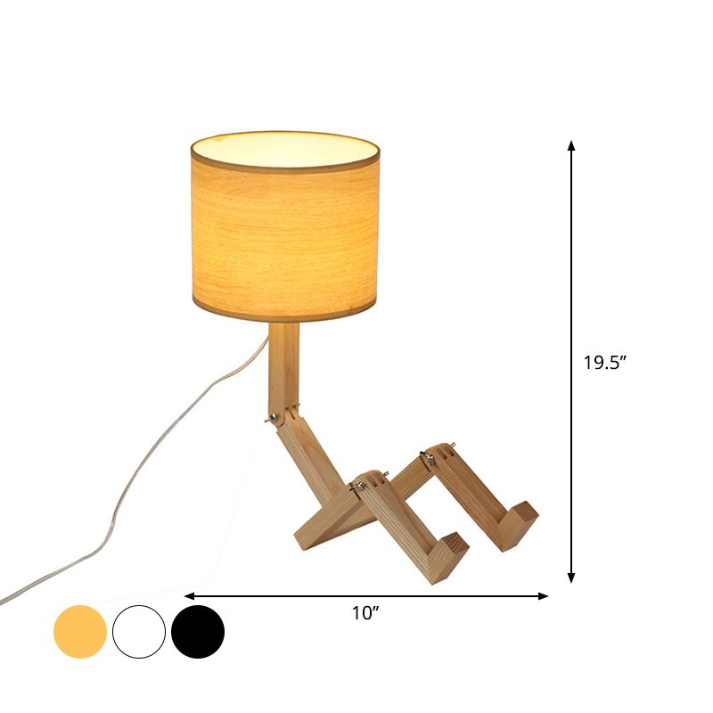 Lampe de table en forme d'homme Nouveauté en bois moderne Single Single Béges / noir / blanc Lumière de nuit avec conception de rack de livres et nuance de tissu de cylindre