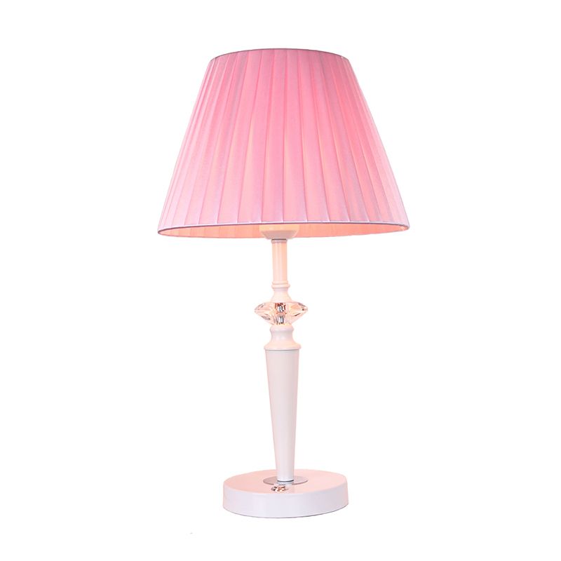 Tapered Fabric Desk Light Modern 1-Light Pink Night Table Lamp with Faceted Crystal Deco and Touch Switch