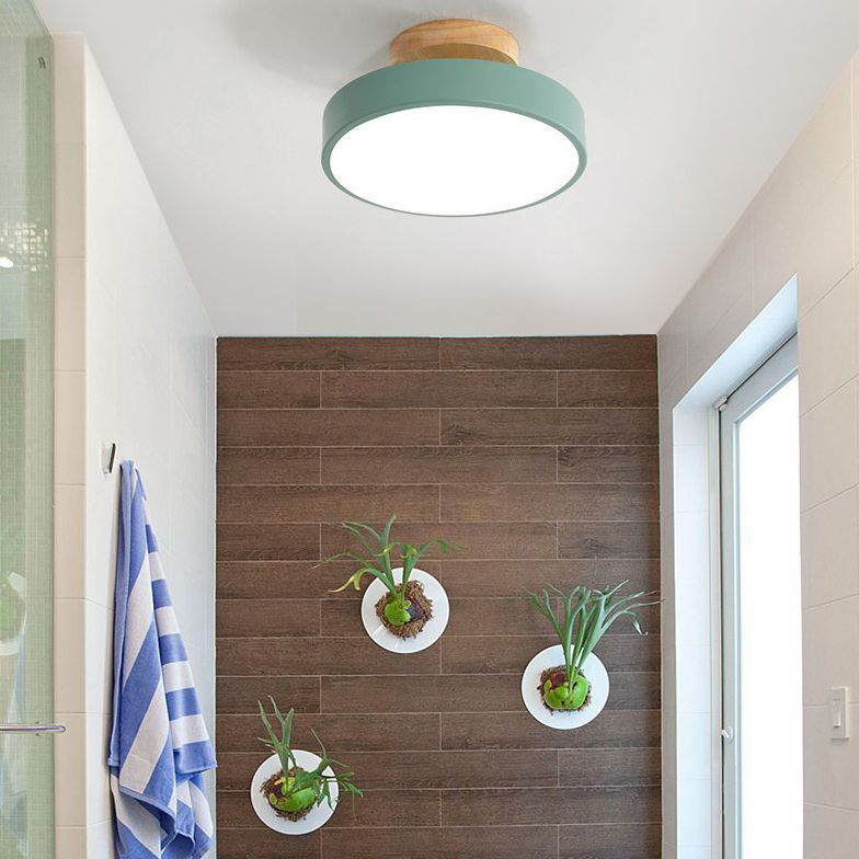 Wooden Macaron LED Ceiling Light in Modern Concise Style Wrought Iron Circular Semi Flush Mount with Acrylic Shade