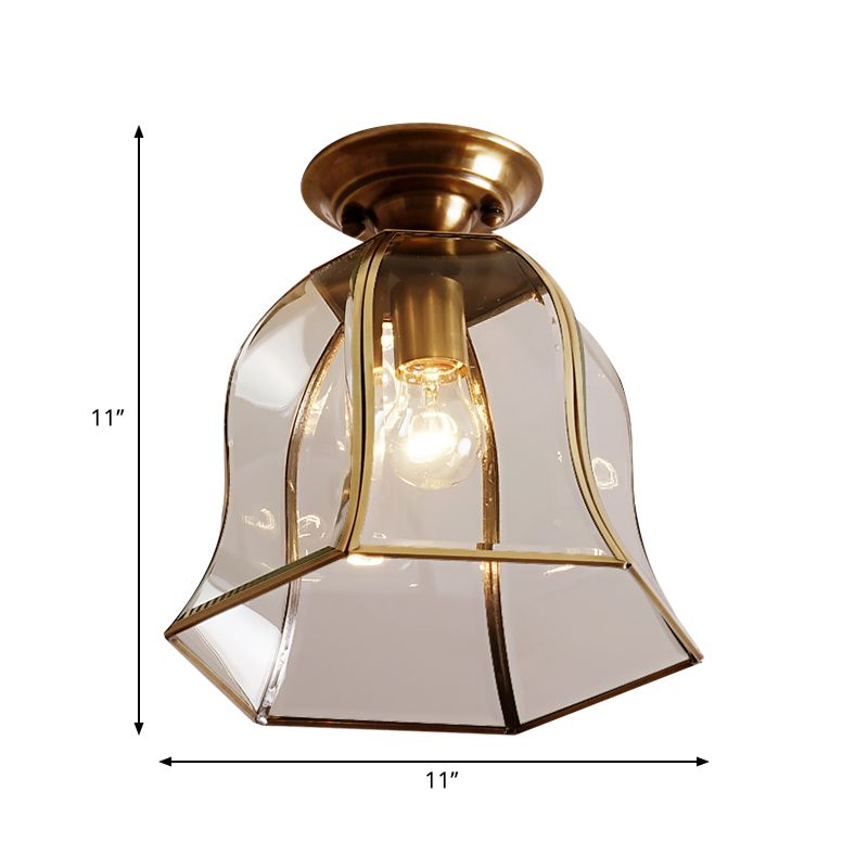 Clear Glass Bell Ceiling Lighting Colonial 1 Head Foyer Flush Mount Fixture in Brass