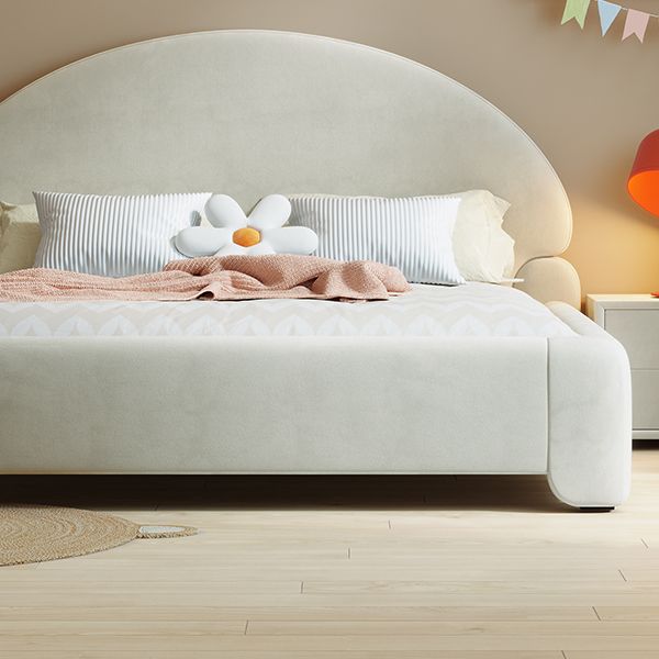 Cream White Upholstered Standard Bed Modern Solid Wood Simple Bed Frame with Mattress