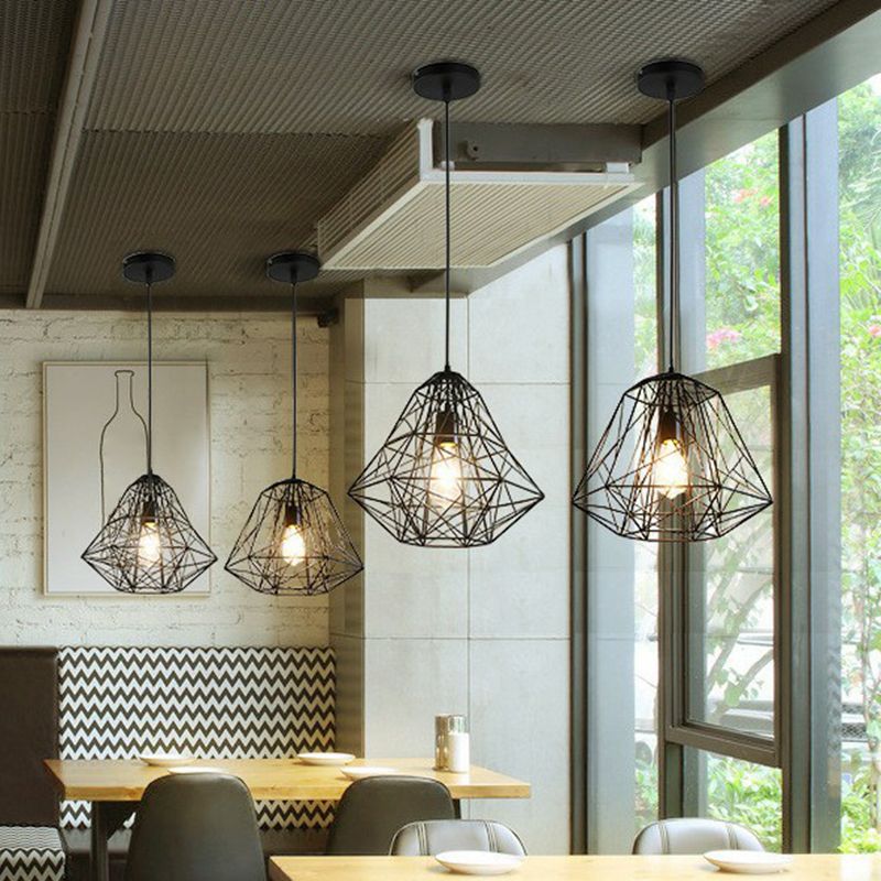 Iron Wire Diamond Pendant Lamp Loft Style 1 Bulb Restaurant Ceiling Hang Light in Black