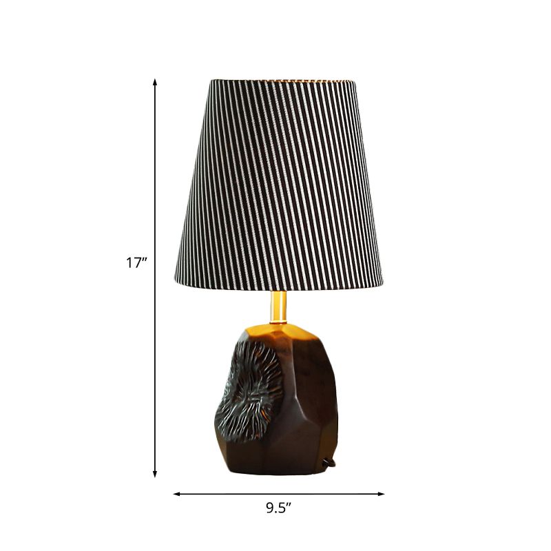 1-Light Ticking Stripe Fabric Table Lamp Modern Black Conical Kitchen Night Light with Hammered Base